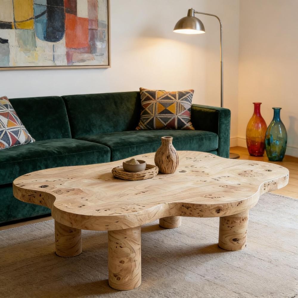 40” Burl Cloud Coffee Table Wooden Coffee Table, Unique Irregular Center Table