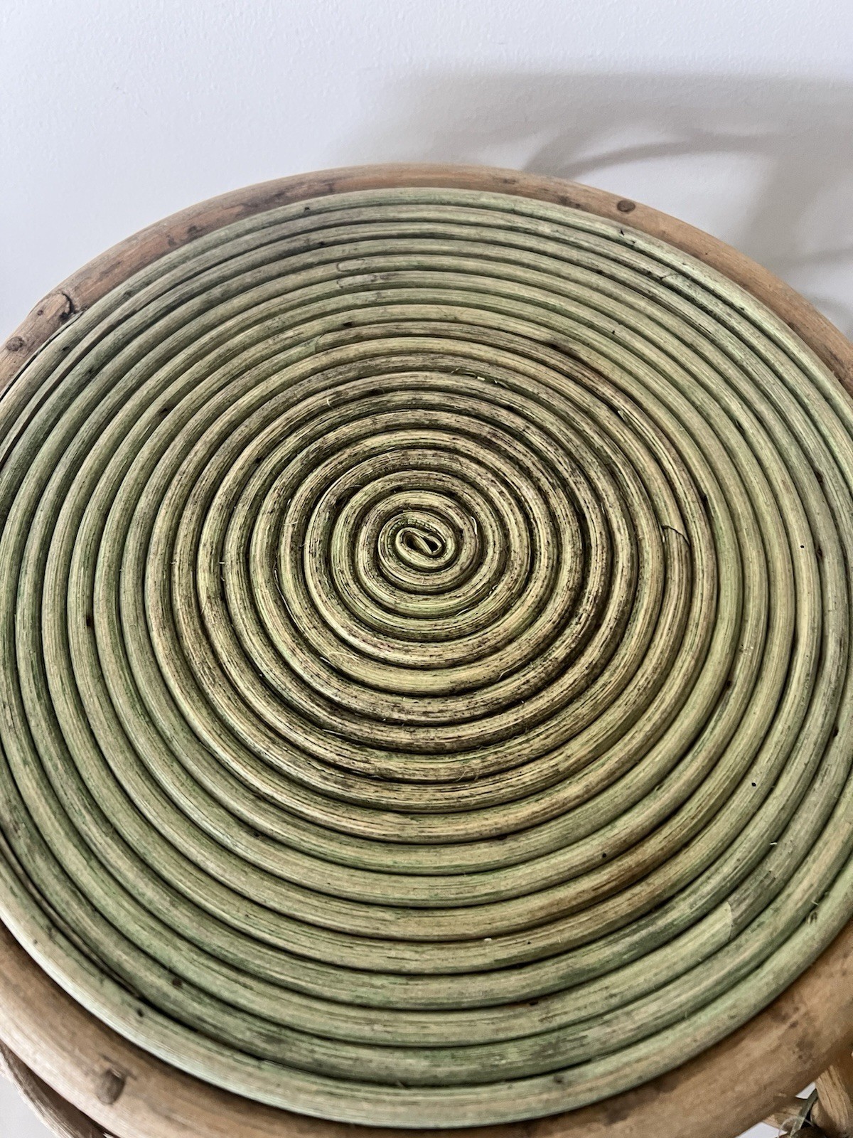 Vintage Rattan Bamboo Side Table Plant Stand Coiled Top Accent Boho Chic MCM