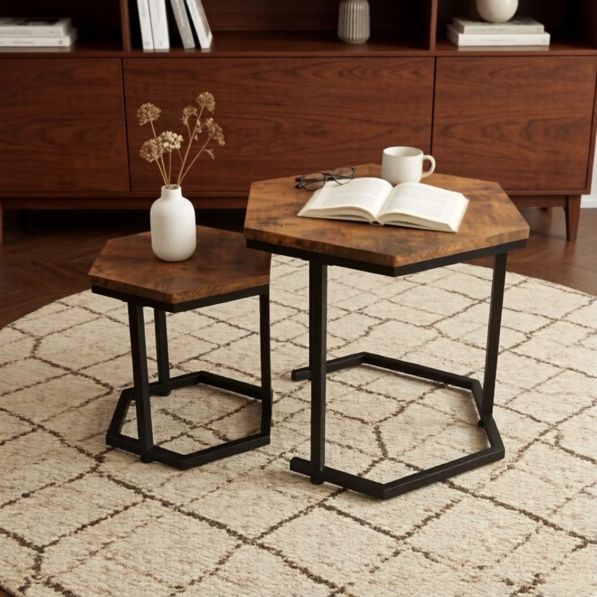 2pcs MDF Board Side End Table Nested Table Metal Frame Coffee Table Nightstands