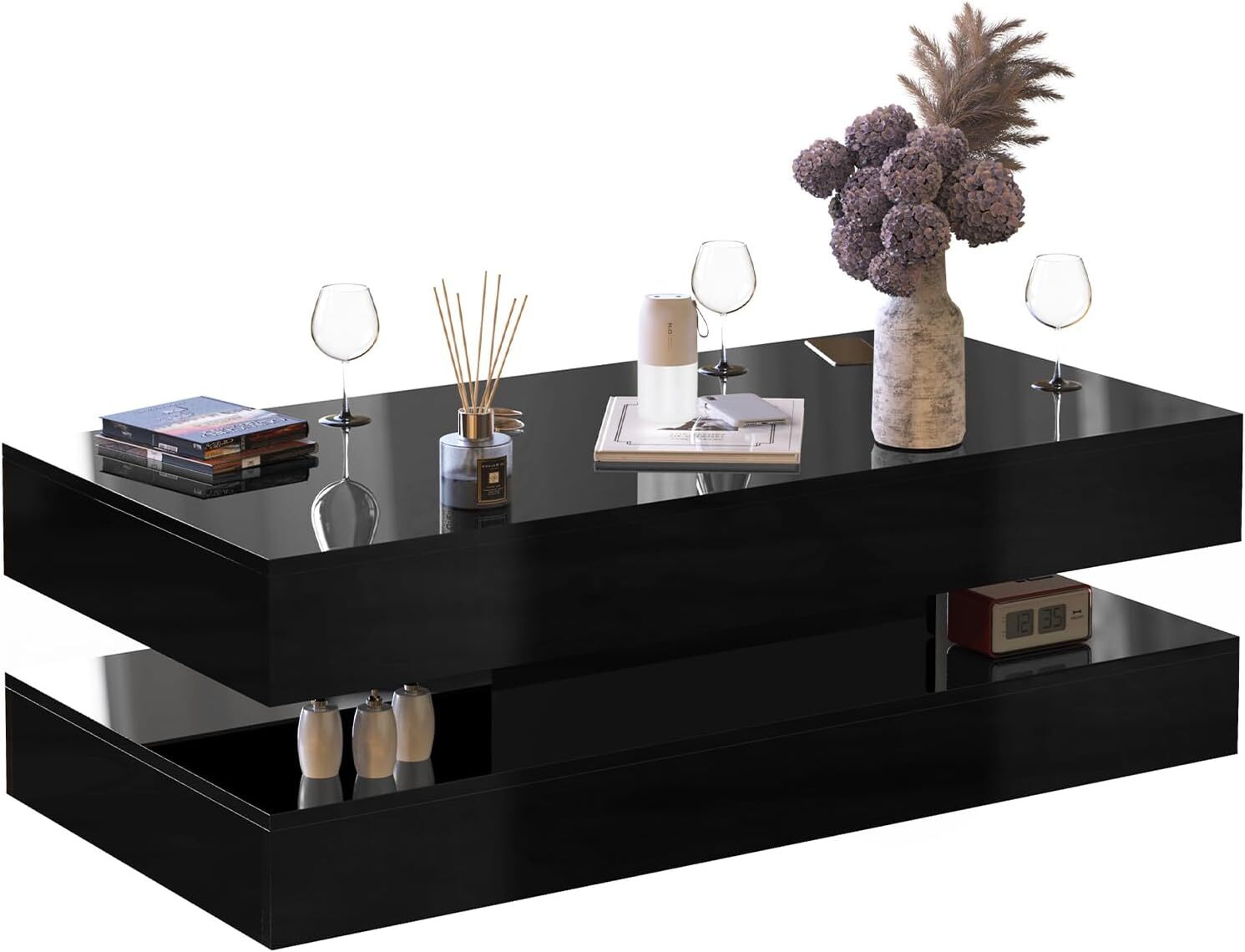 47.3″ Modern High Glossy LED Coffee Table with 2 Storage Drawers, APP LED Lights