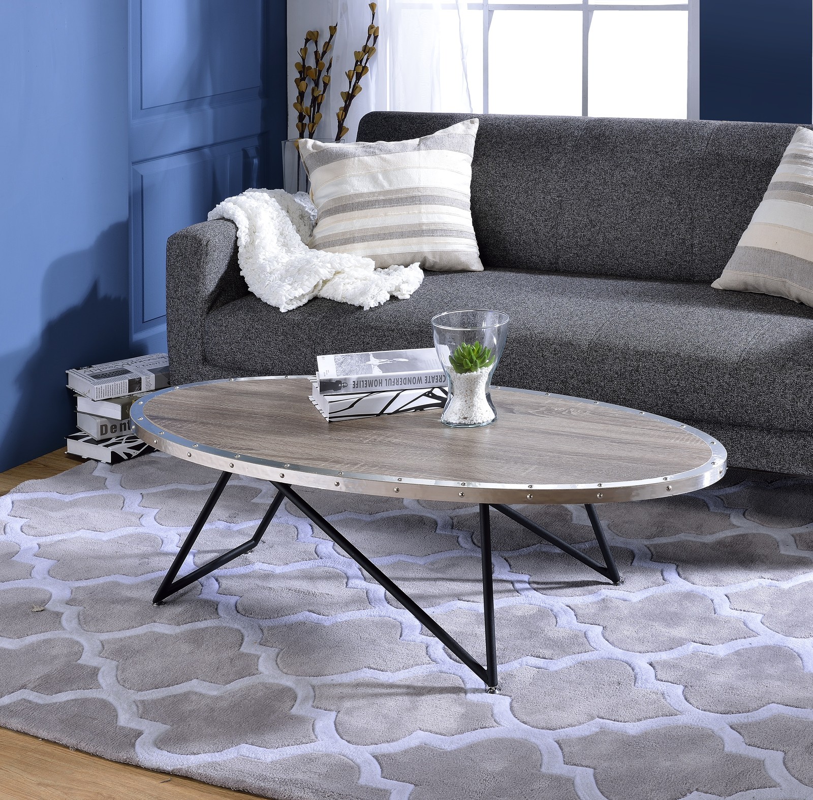Weathered Gray Oak & Metal Oval Coffee Table 46″L x 23″W