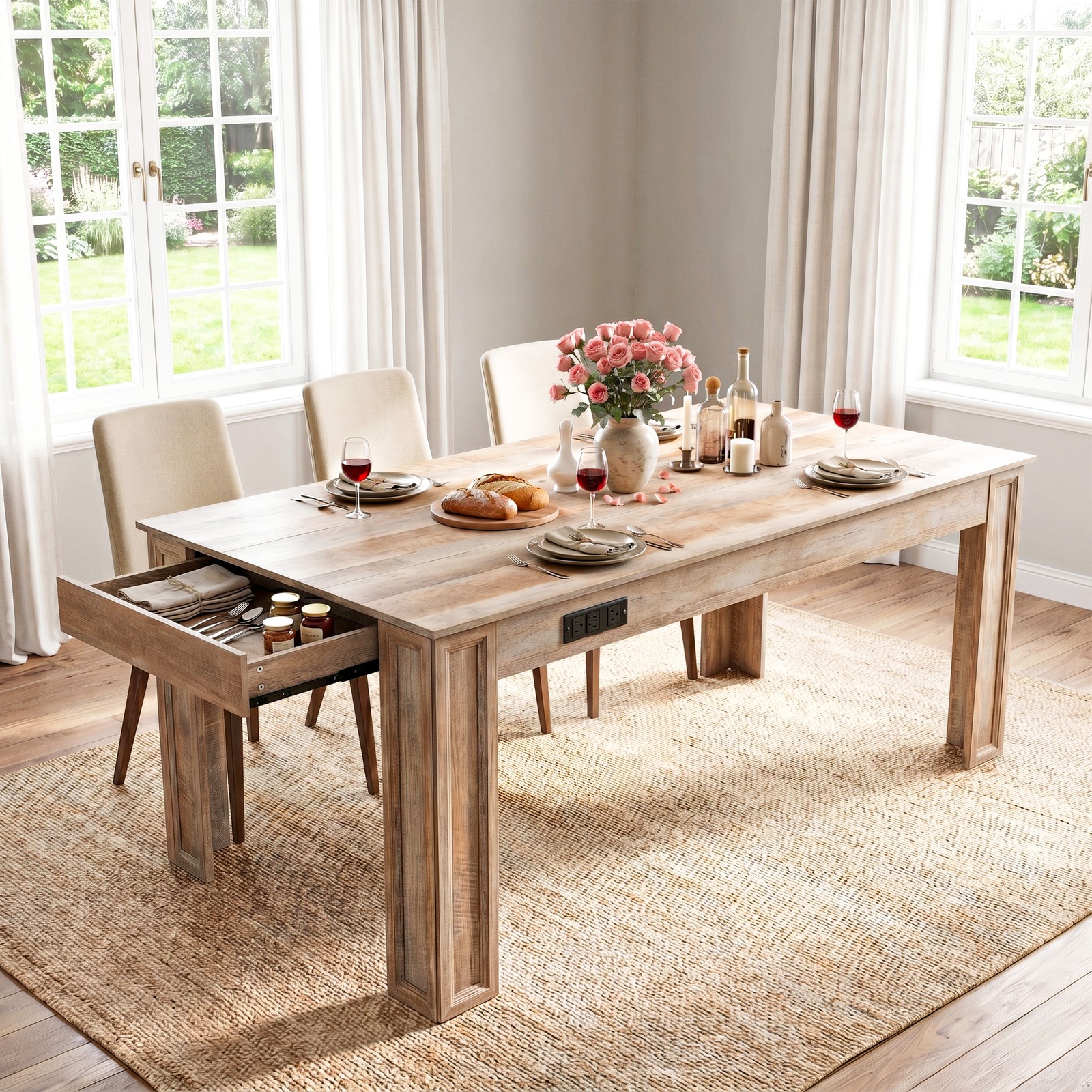 70″ Gray Farmhouse Dining Table with Charging Station & Drawer,for 6-8 People