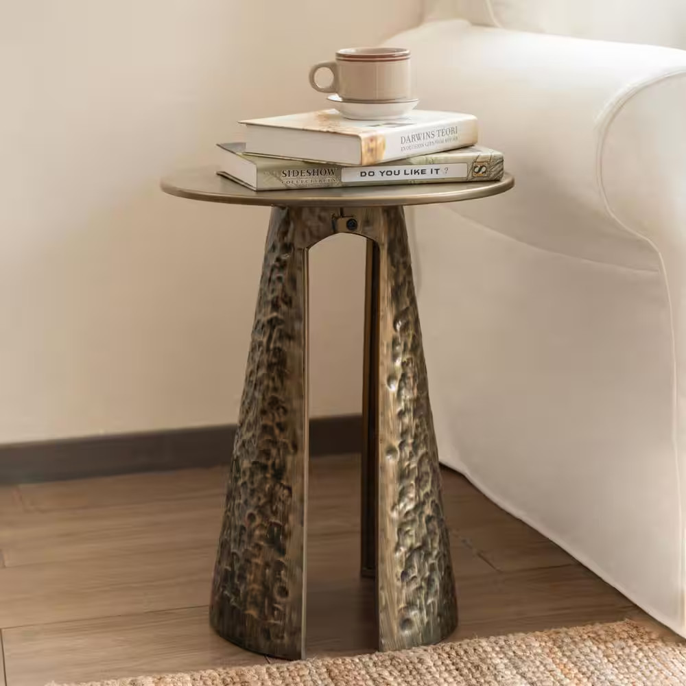 Retro 15 In. Copper round Metal End Table Accent Side Table with Hand-Hammered T