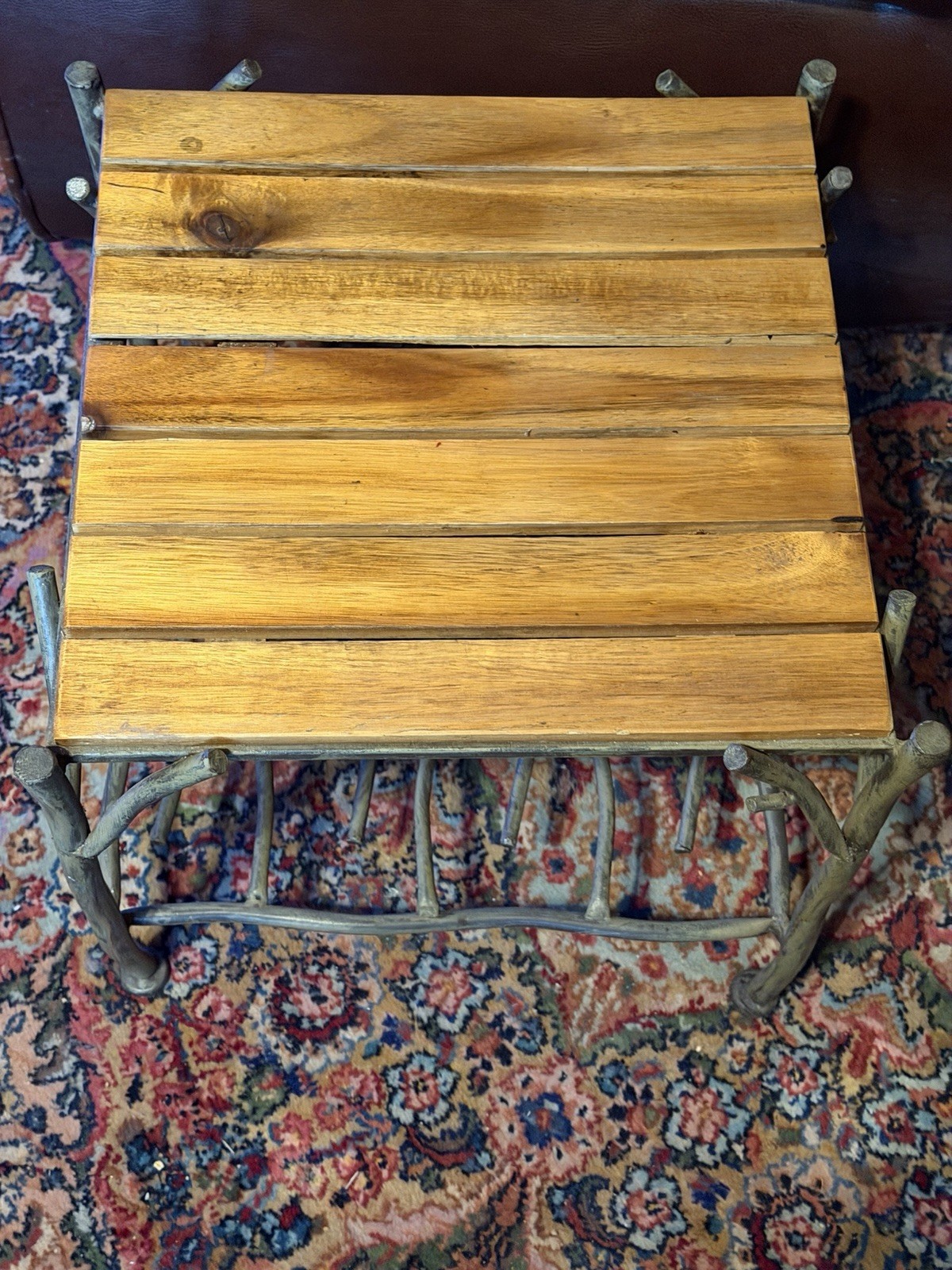 Rustic Teak Wood Slatted Metal Twig Side Table W/ Shelf !