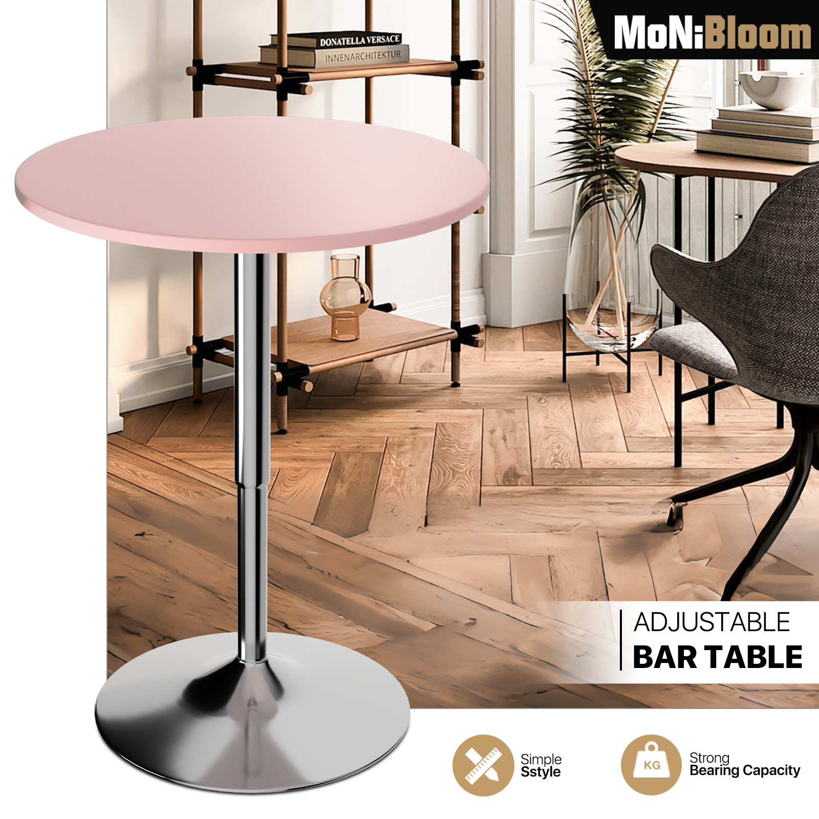 23.6″ Pink Pub Bar Table[ADJUSTABLE HEIGHT 360-DEGREE SWIVEL]Wood Round Tabletop