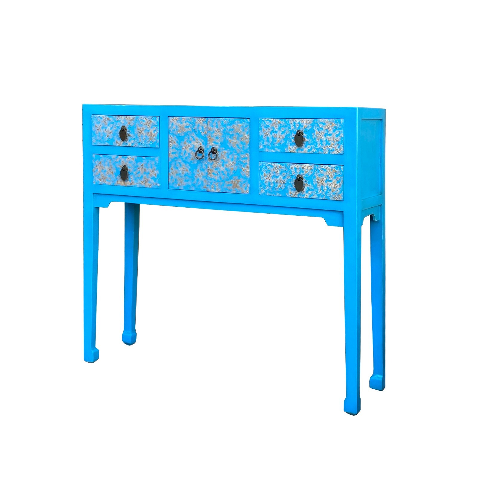Bright Blue Lacquer Golden Flower Graphic Drawers Slim Foyer Side Table cs7146