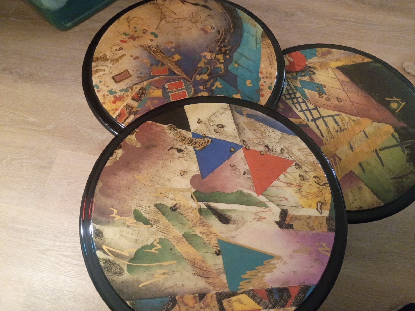 Set of 3 80’s Black Lacquer Mushroom Nesting Tables Abstract Art Tops.