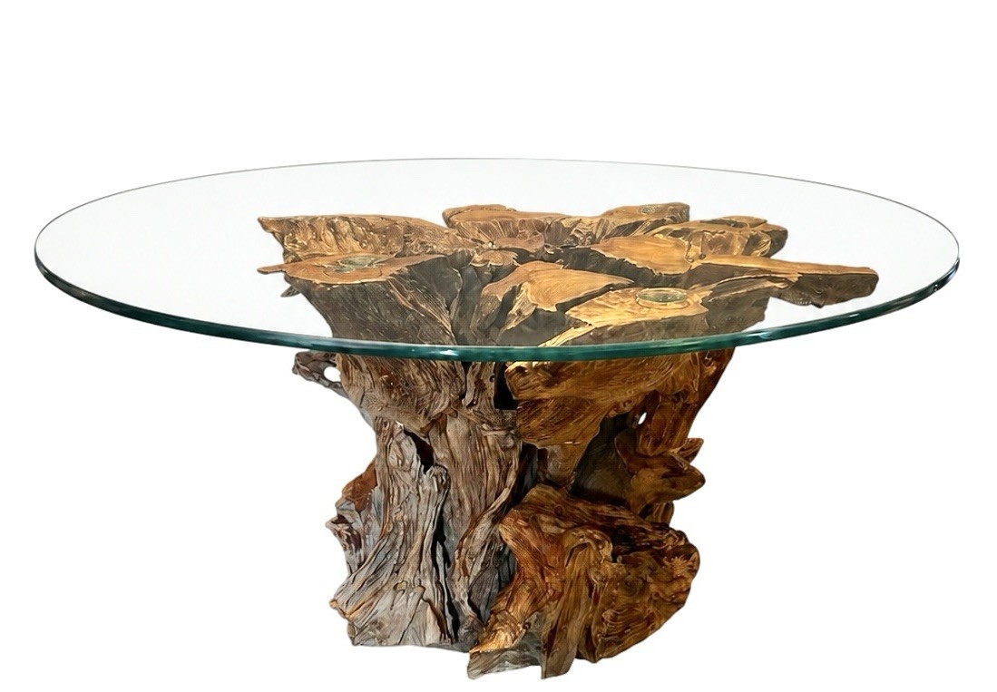 Wood Root Coffee Table Round Glass Top 36”Indonesian Teak Live Edge READ