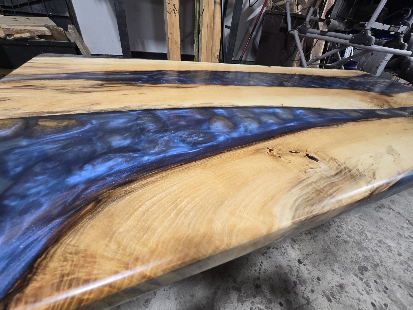 Live Edge Wood & Blue Resin River Coffee Table, Black Metal Legs, Glossy Finish