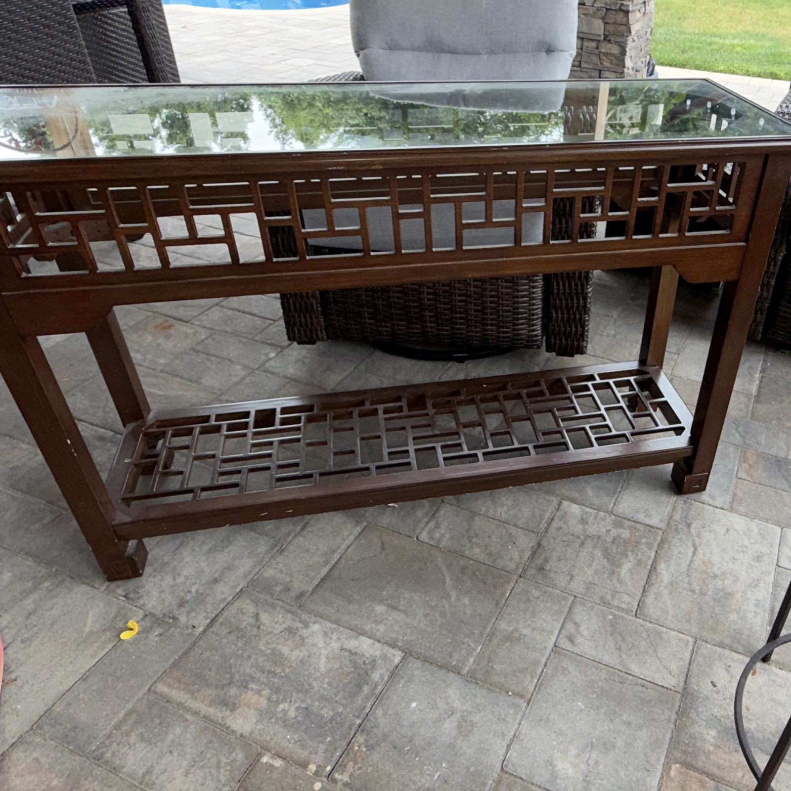 Dark Brown Wood Rectangular Console Table, Glass Top, Lower Shelf