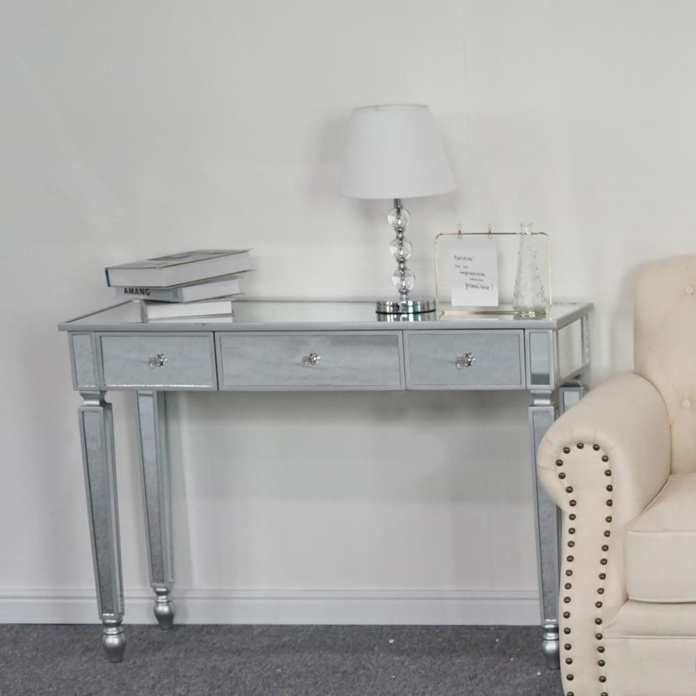 Mirrored 3 Drawer Console Table Glass Finish Silver Home Vanity Dresser Desk
