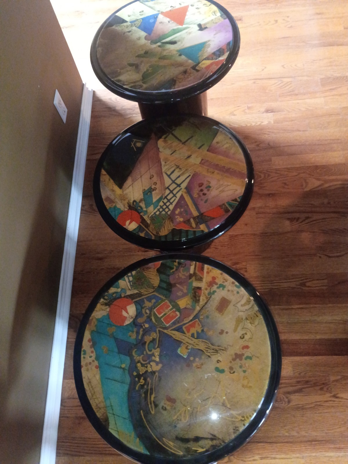 Set of 3 80’s Black Lacquer Mushroom Nesting Tables Abstract Art Tops.