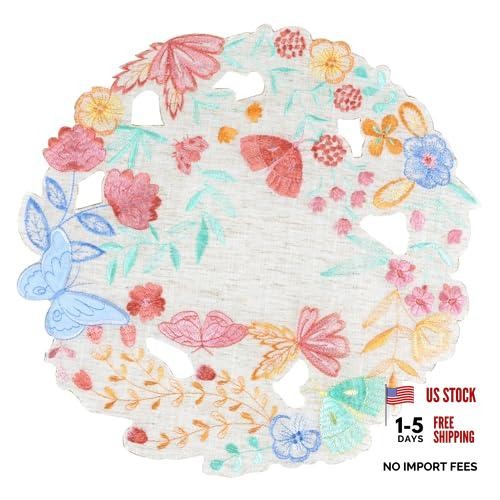 Set of 4 Ivory 15IN Round Placemats – Pink Floral Embroidered – Ivory