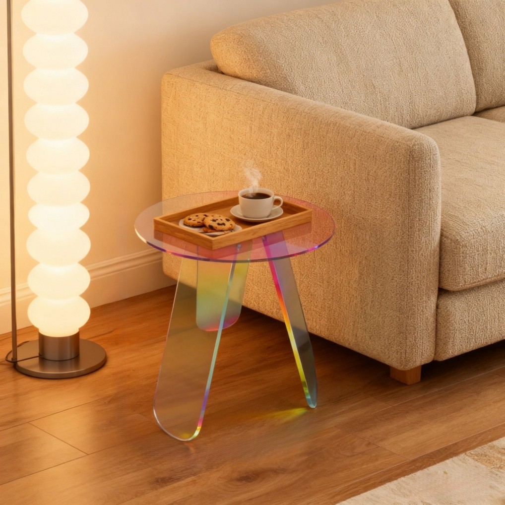 Acrylic End Table with PVC Table Cover Round Iridescent Rainbow Sofa Side Table