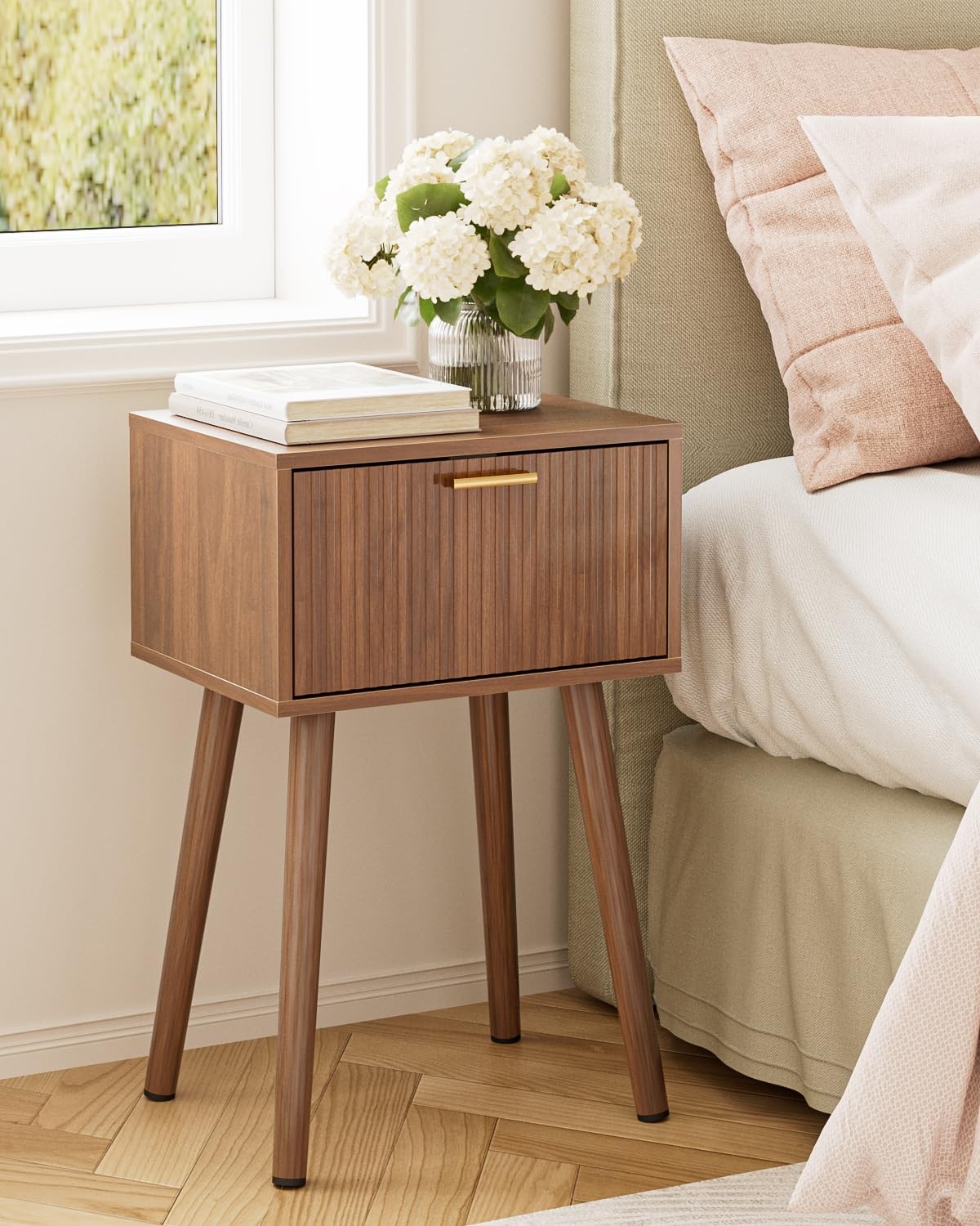 Night Stand Set 2, Walnut Nightstand with Fluted Doors, Small Modern MidCentu…