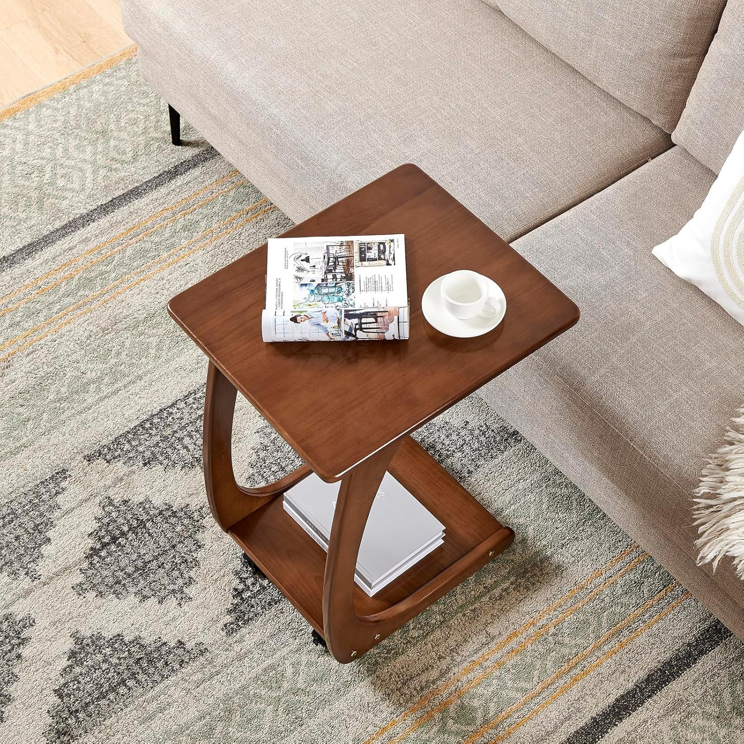 Walnut C Shaped End Table with Wheels – Versatile Side Table for Any Room
