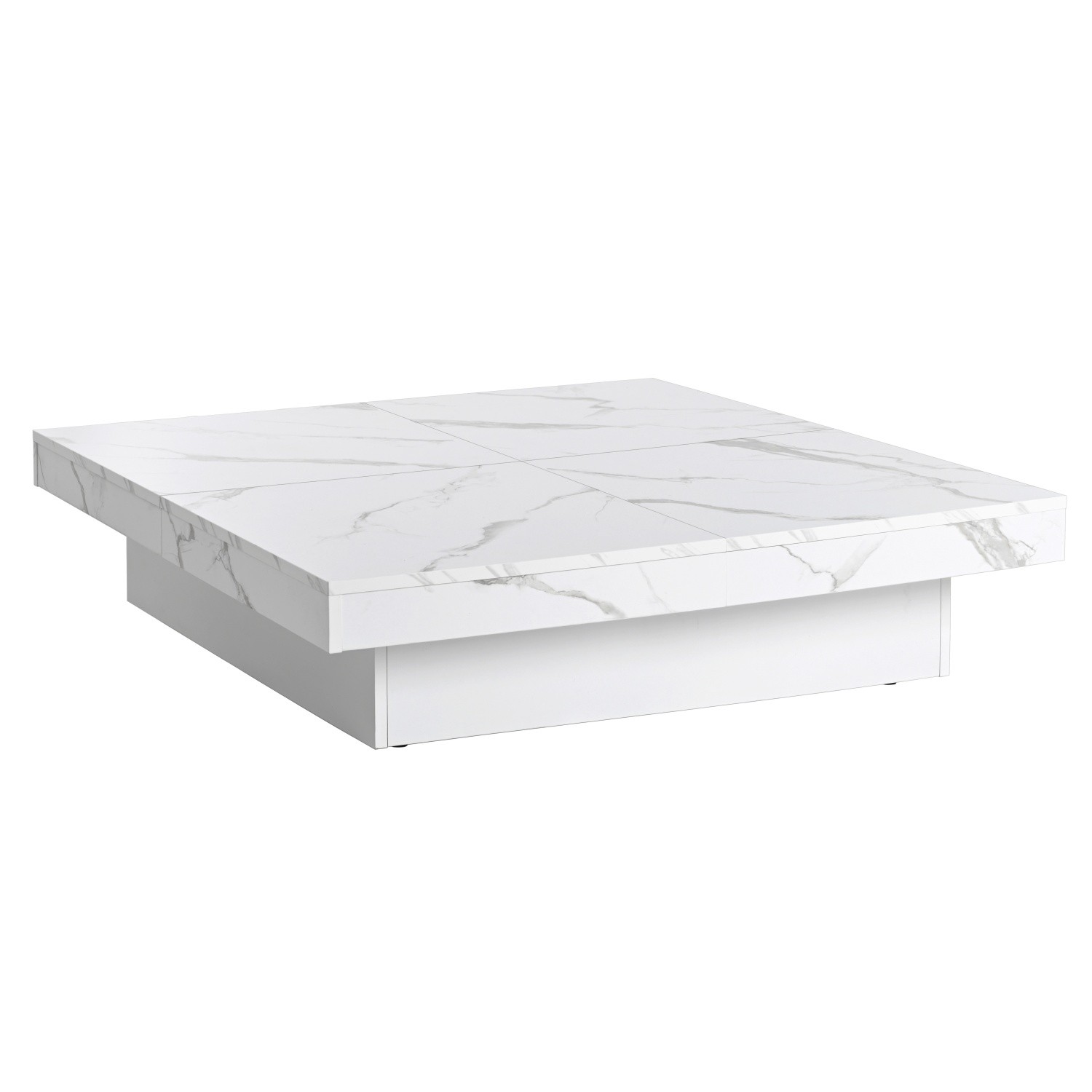 Modern Square Cocktail Coffee Table w/ White Marble Sliding Top & Hidden Storage