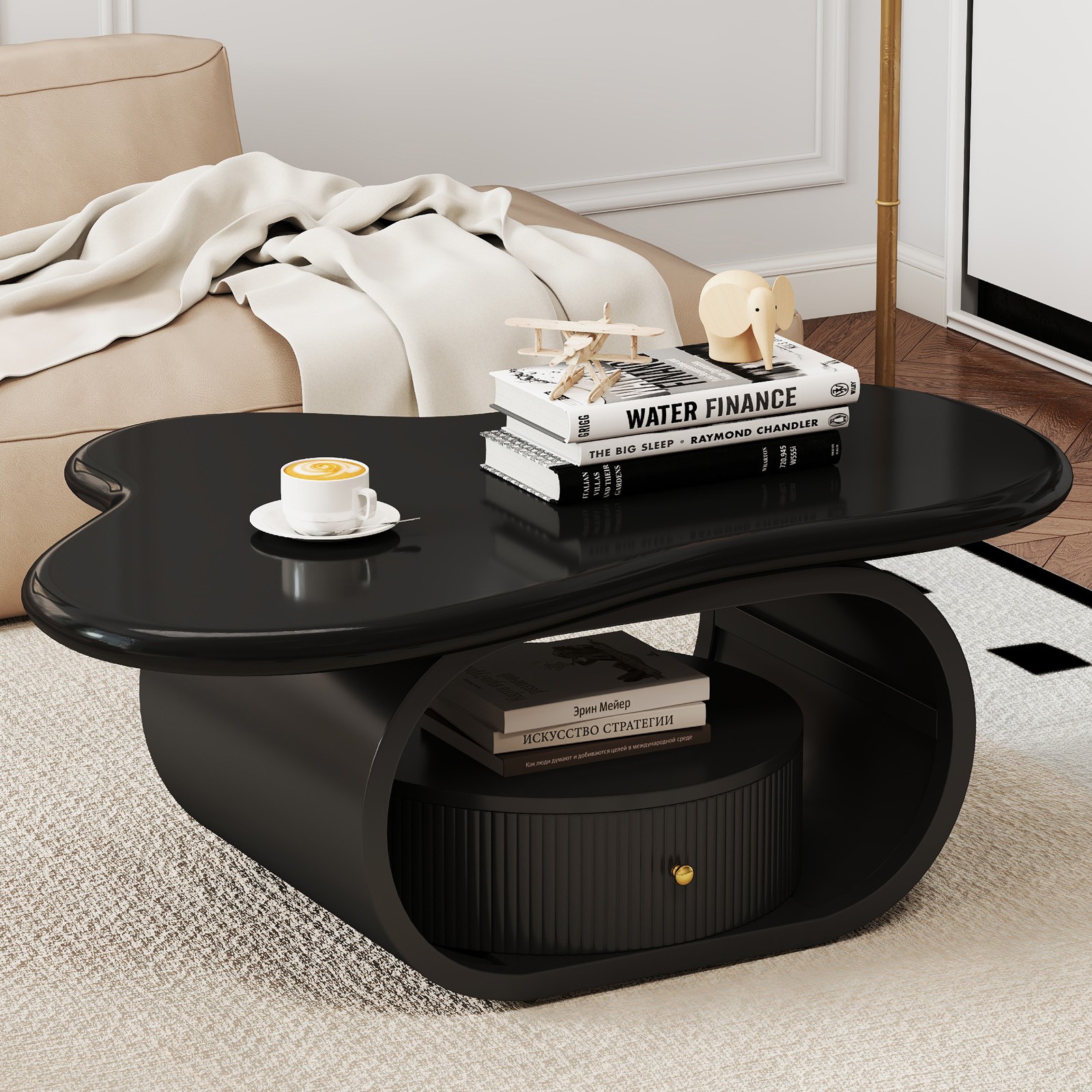 Black/White Modern 39″ Irregular Cloud Coffee Table Center Table w/Shelf,Drawer