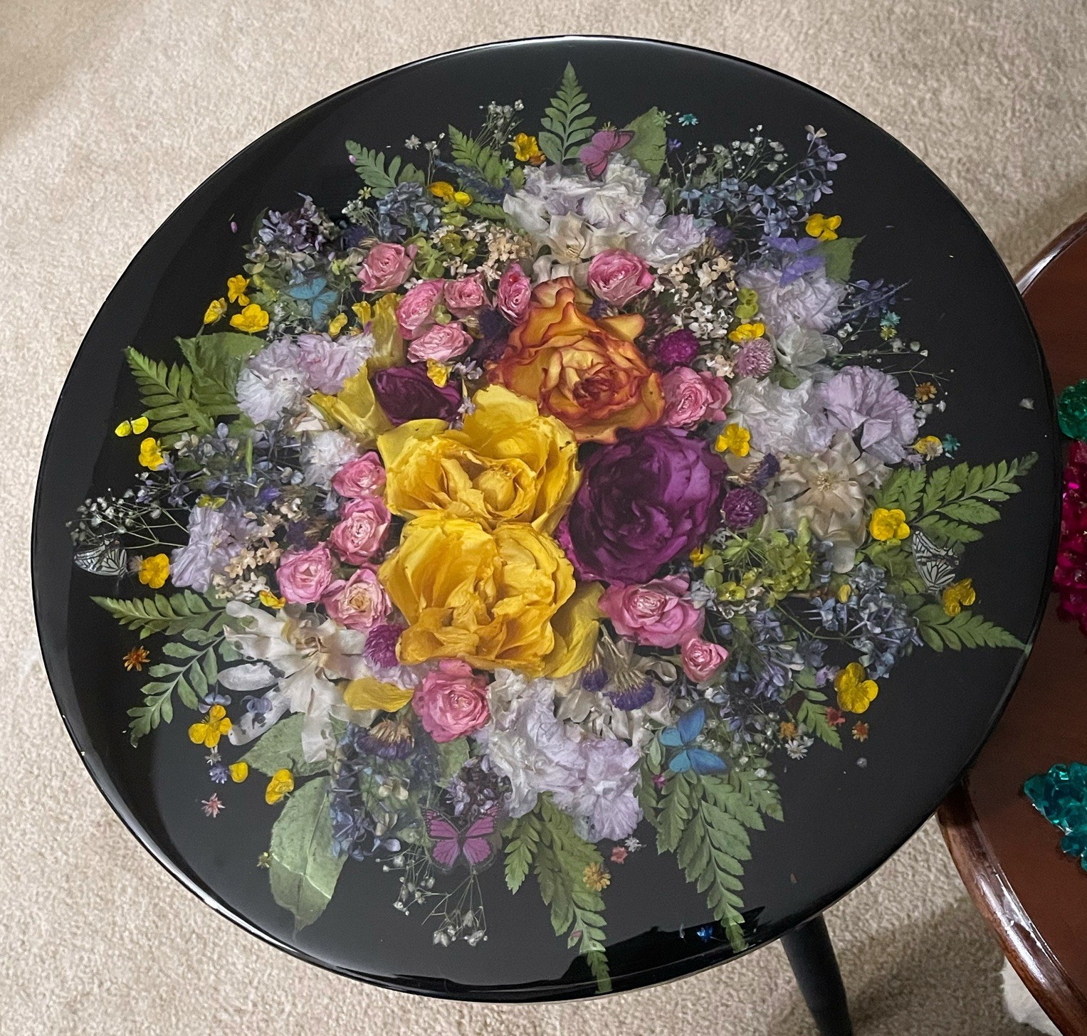 Beautiful Handcrafted Unique FLORAL ROUND TABLE made with REAL FLOWERS Yellow