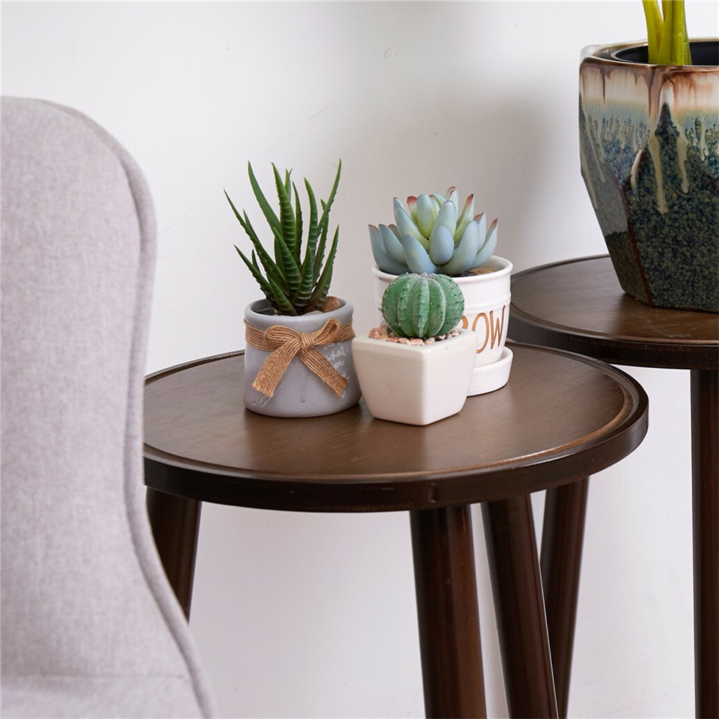 2PCS Retro Round Side Table Bamboo Plant Stand Flower Pots Holder 3-Legs Stools