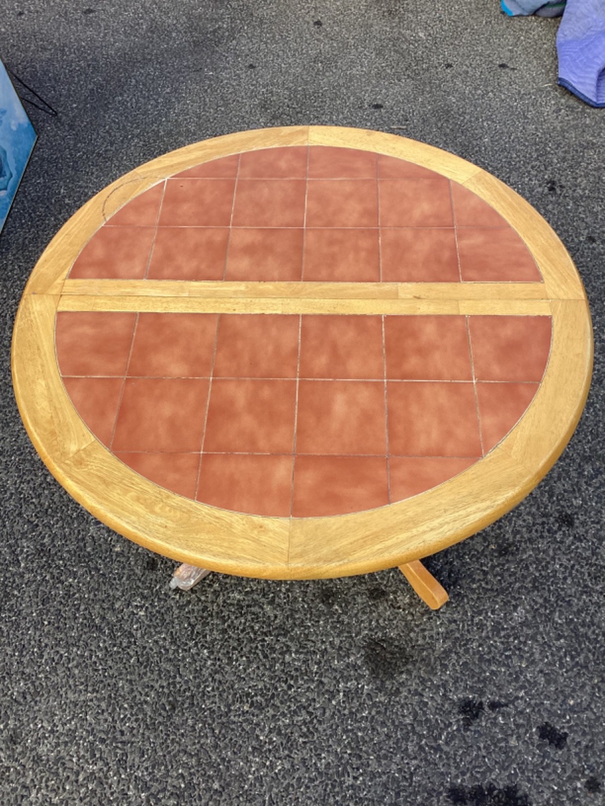Vintage Tile Top Table Retractable 15” Table Leaf Oak Wood, Red Tiles