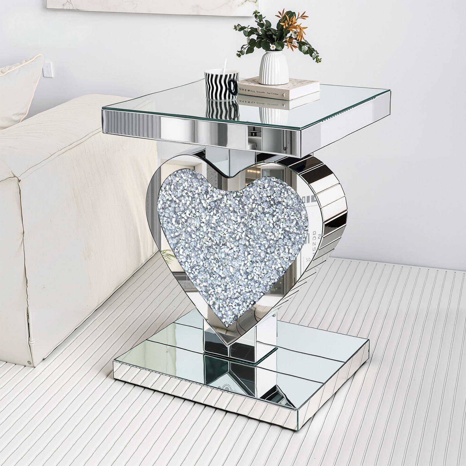 23.6″heart-shaped diamond set mirrored edge table，Modern light luxury home style