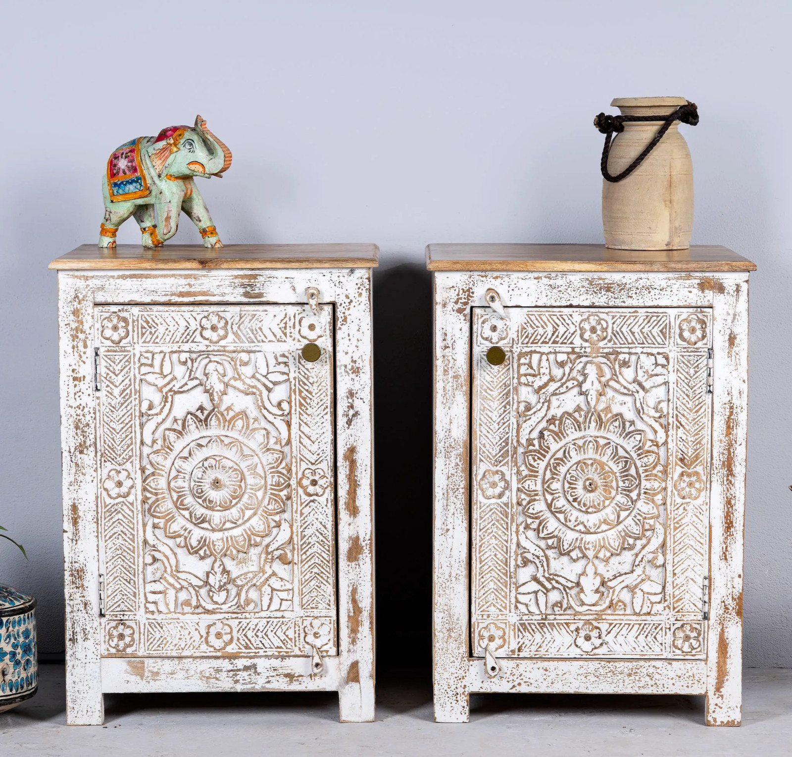 Artisan Handmade Bedside Table Solid Wood Hand Carved 19.7 × 15.7 × 28.3 inches