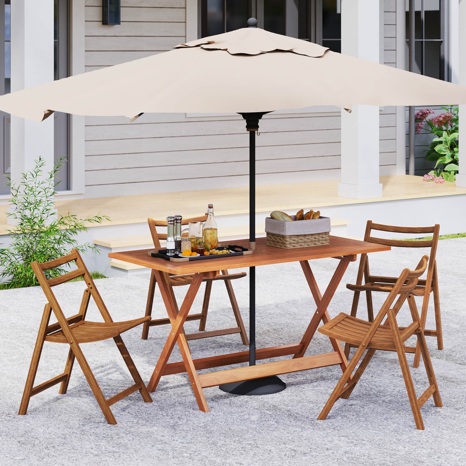 54.5″ x 27.5″ Patio Dining Table w/ Teak Painting 2″ Umbrella Hole for Balcony