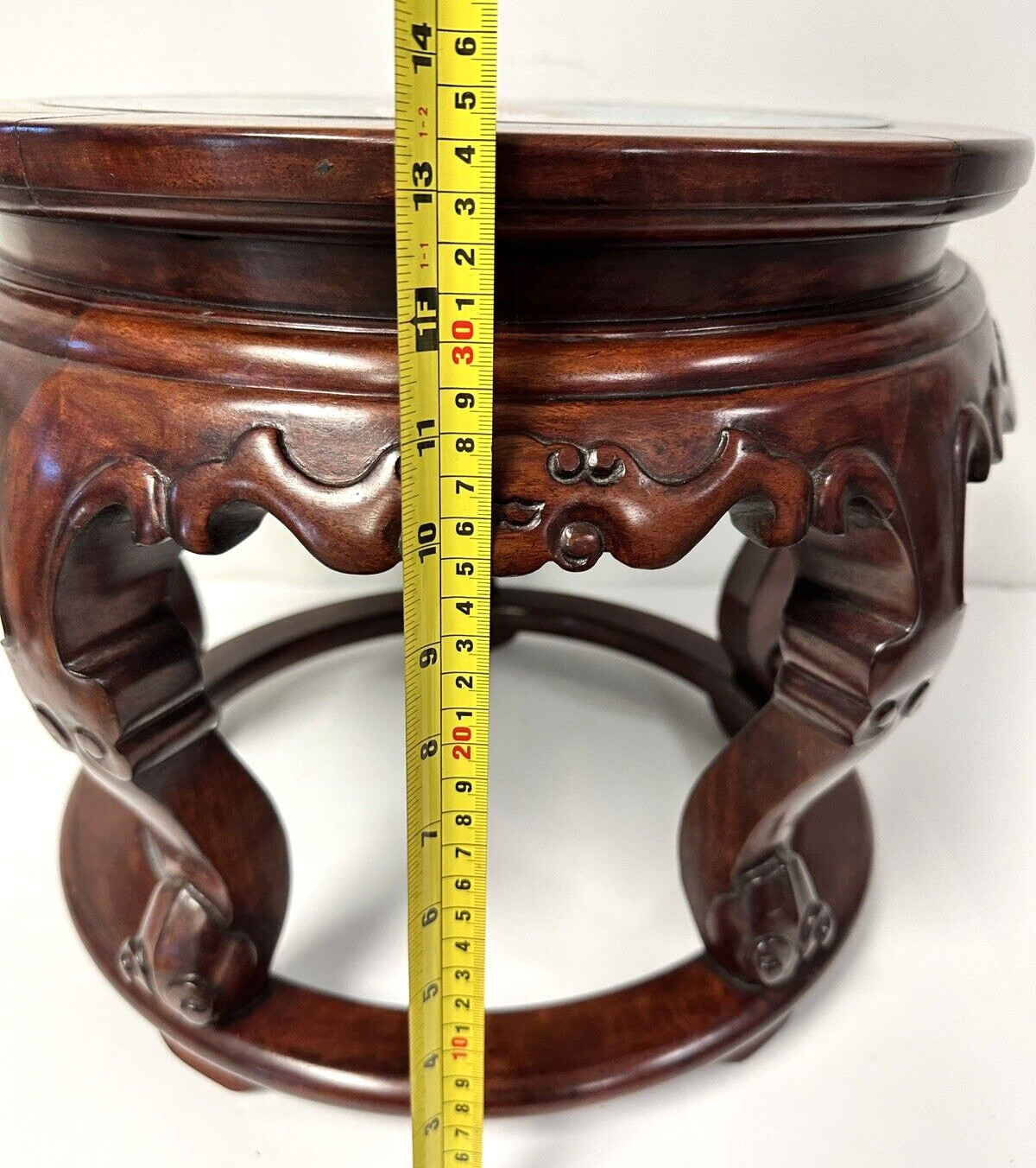 Small Chinese Cloisonné Floral Inlay Top & Carved Wood Round Pedestal Table