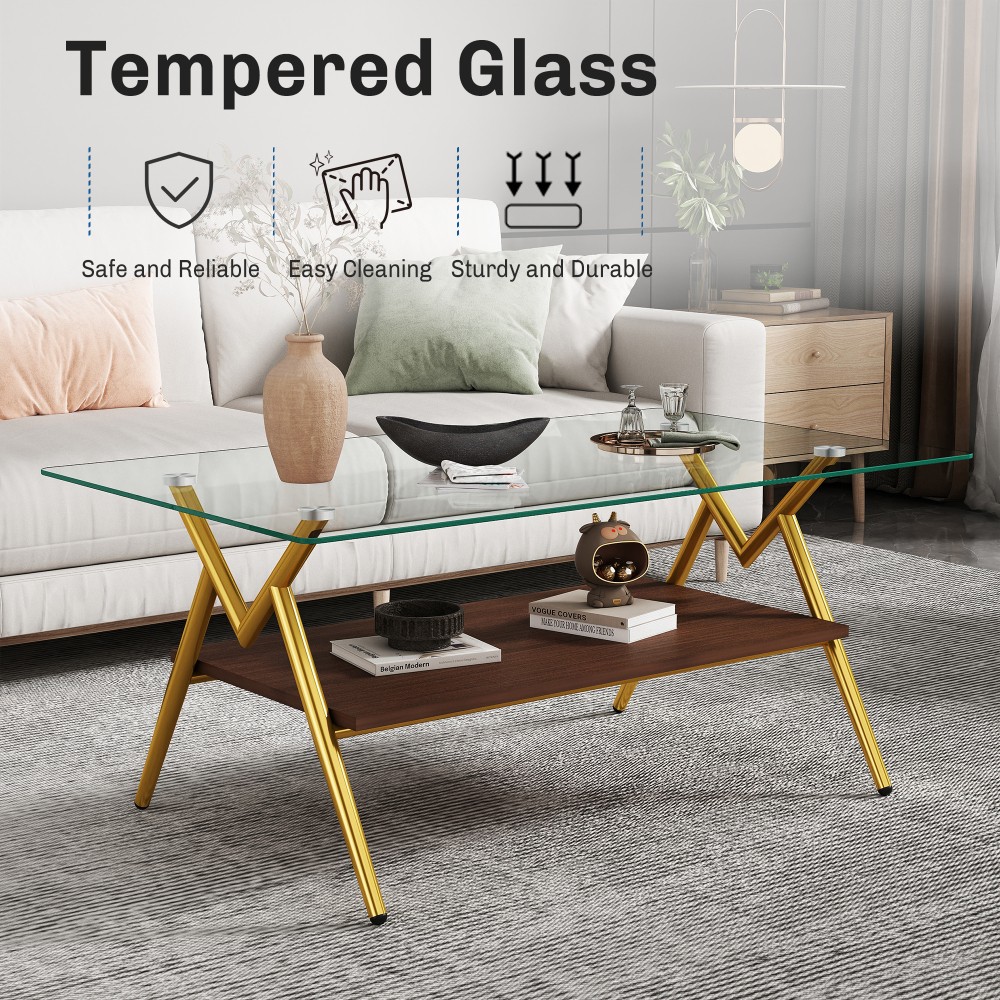 Rectangle Coffee Table, Tempered Glass Top, Gold Metal Legs, Modern Clear