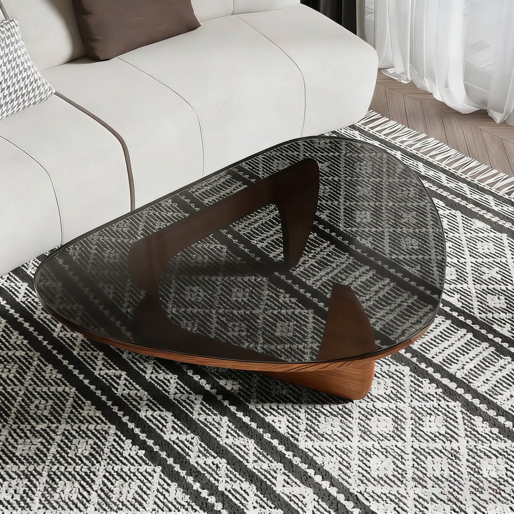 Glass Coffee Table Mid Century Modern Center Table with Glass Top Walnut Table