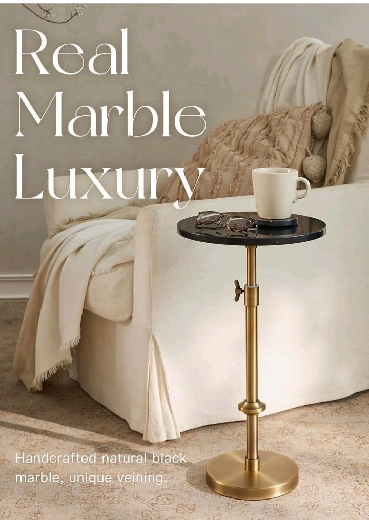 Adjustable-Height Heavy Black Marble Drink Cocktail Table 12″ Round Antique Look