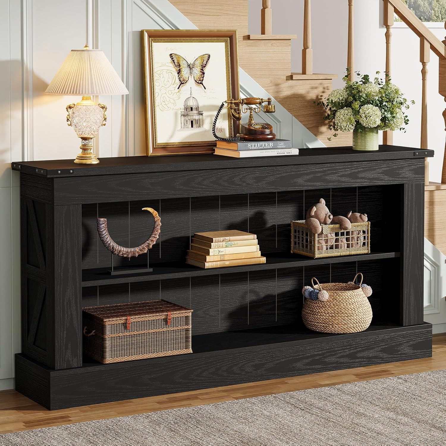 63-Inch Long Console Table for Entryway, Narrow Long Entry Table with Shelves