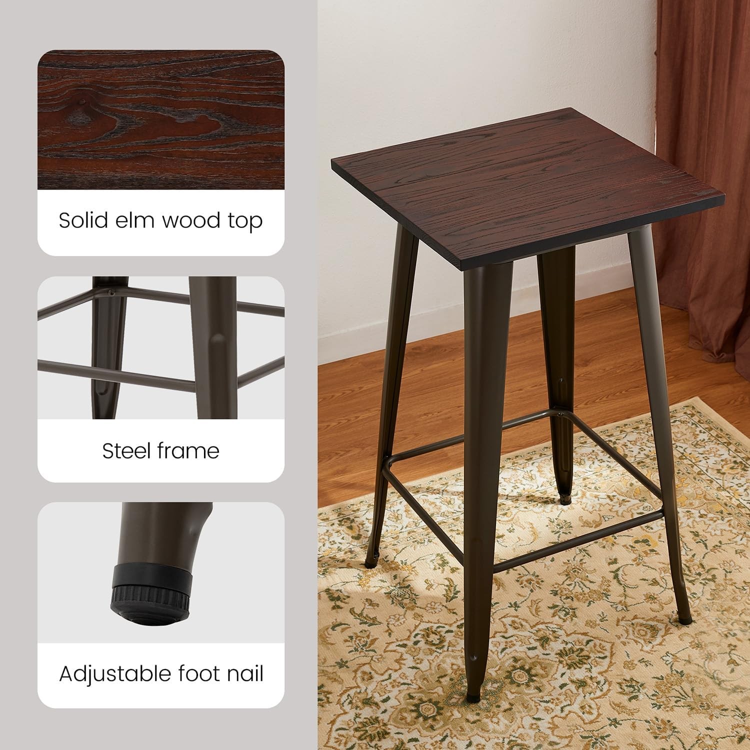 Square Bar Table, 41.25″ H Elm Wood Bistro Pub Table with Heavy-Duty Metal