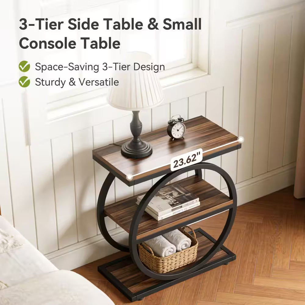 24 In. Dark Brown Rectangle Wood End Table with 3 Tiers Storage Shelves and Adju