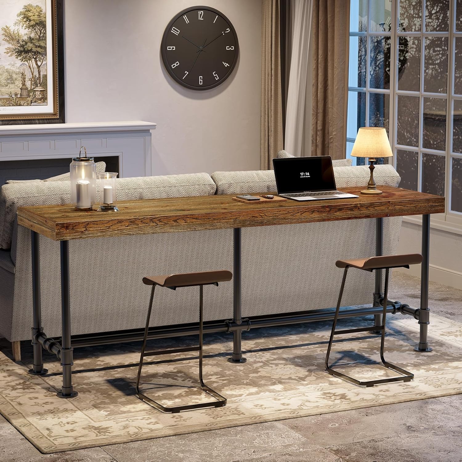70.9” Solid Wood Bar Table Industrial Narrow High Top Bar Unit for 6-8 People