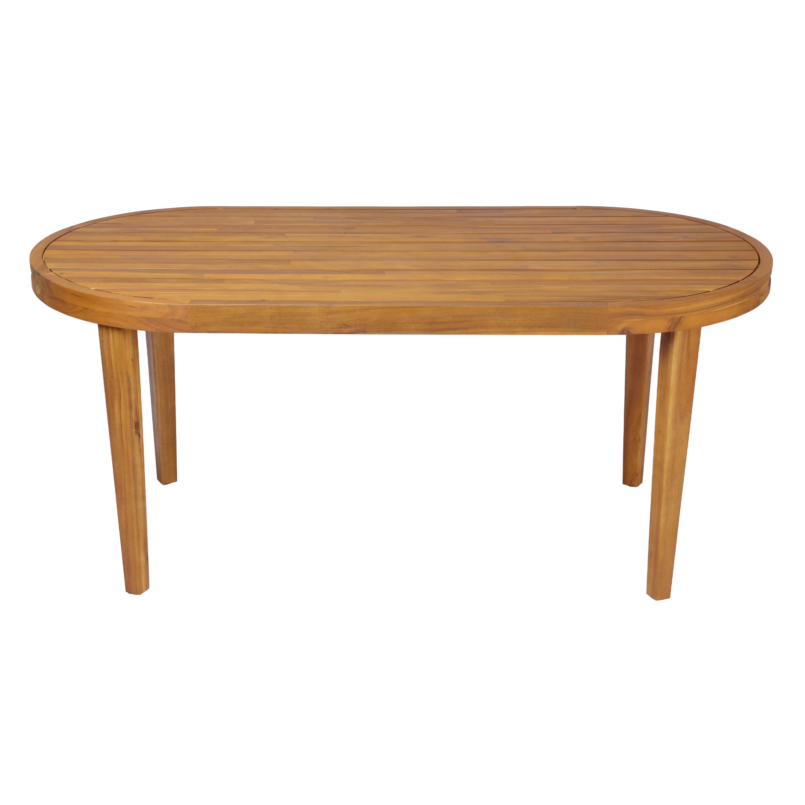 70″ Oval Acacia Wood Outdoor Dining Table with Slatted Top, Teak Finish