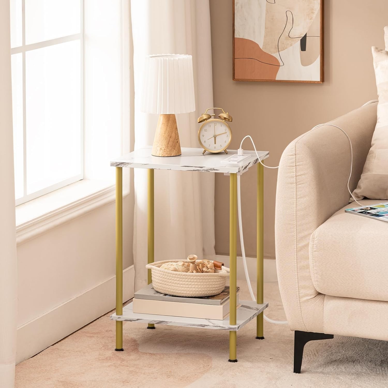 Modern 2-Layer Side Table with Gold Finish and Built-in Charging for Any Room