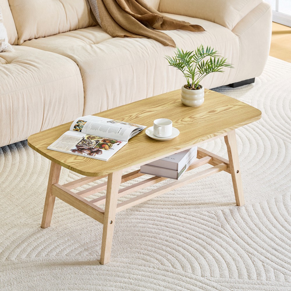 39 in solid wood coffee table – double-layer storage wooden center coffee table