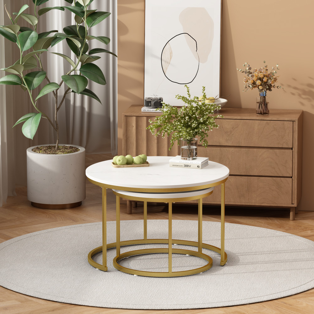 Nesting Coffee Table Set of 2, Round Marble Top with Metal Frame, White