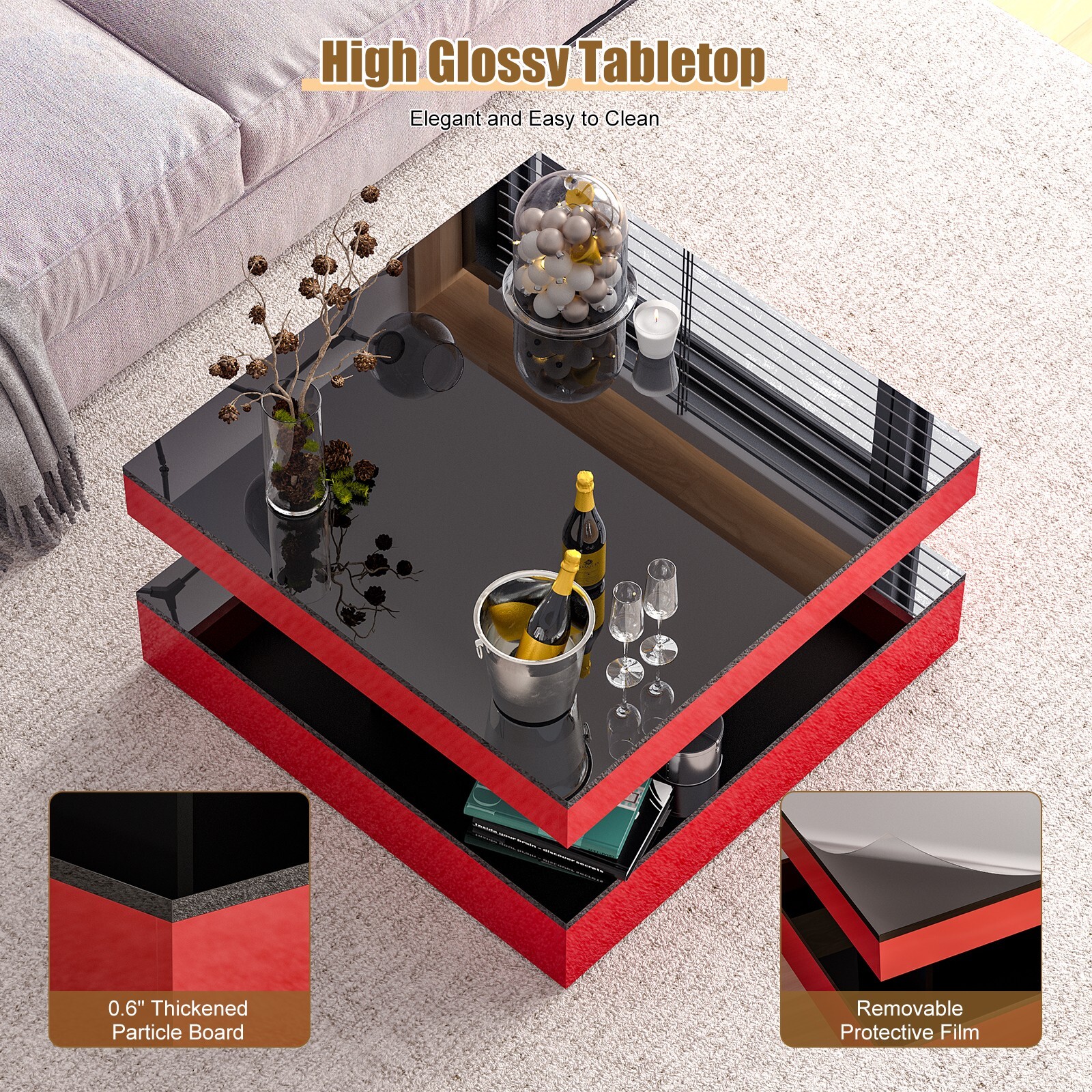 Red LED Coffee Table for Living Room 2-Tier Square Center Table Modern High Glos