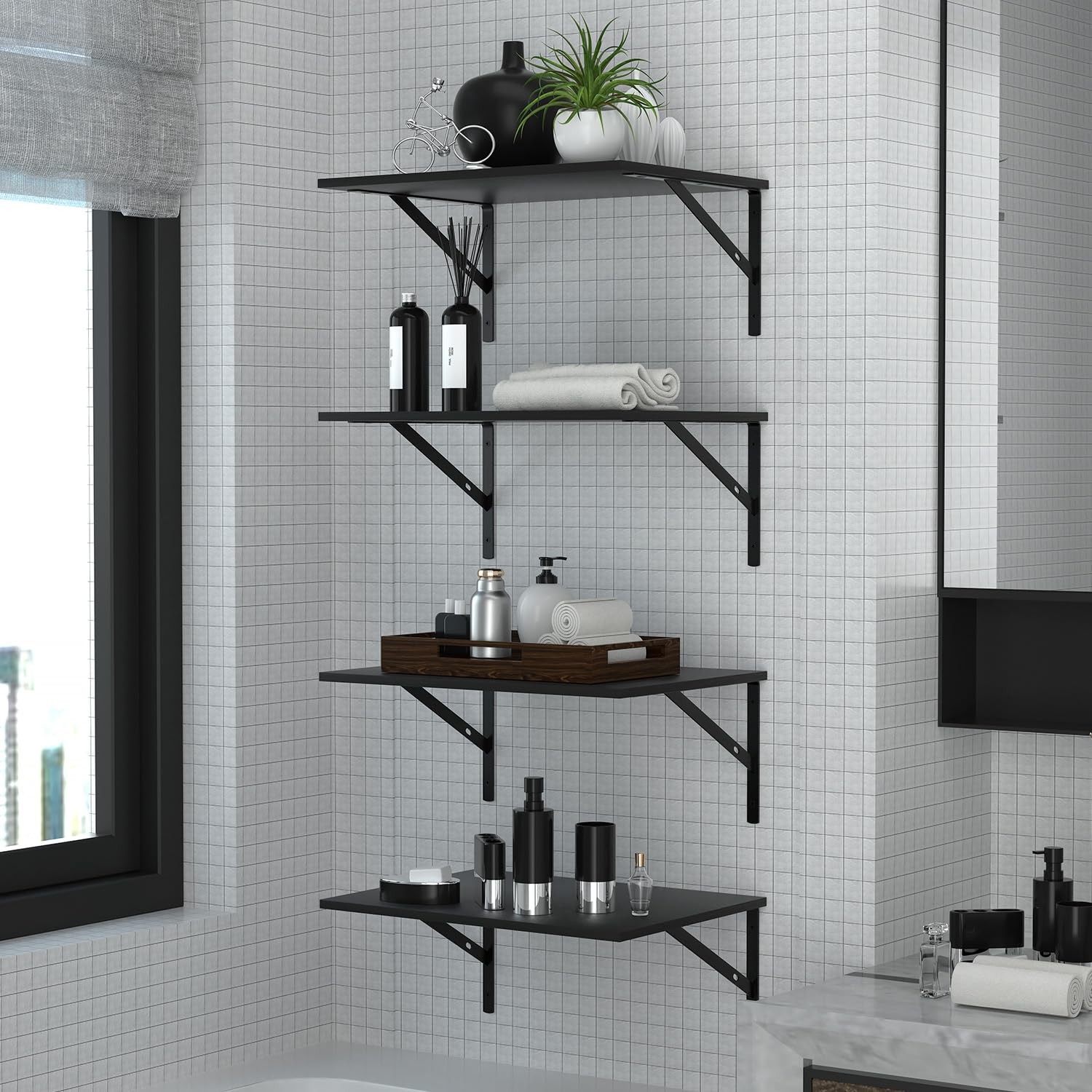 Deep Floating Wall Shelves – 4 Sets of 15.8 inches x 12 inches, Black