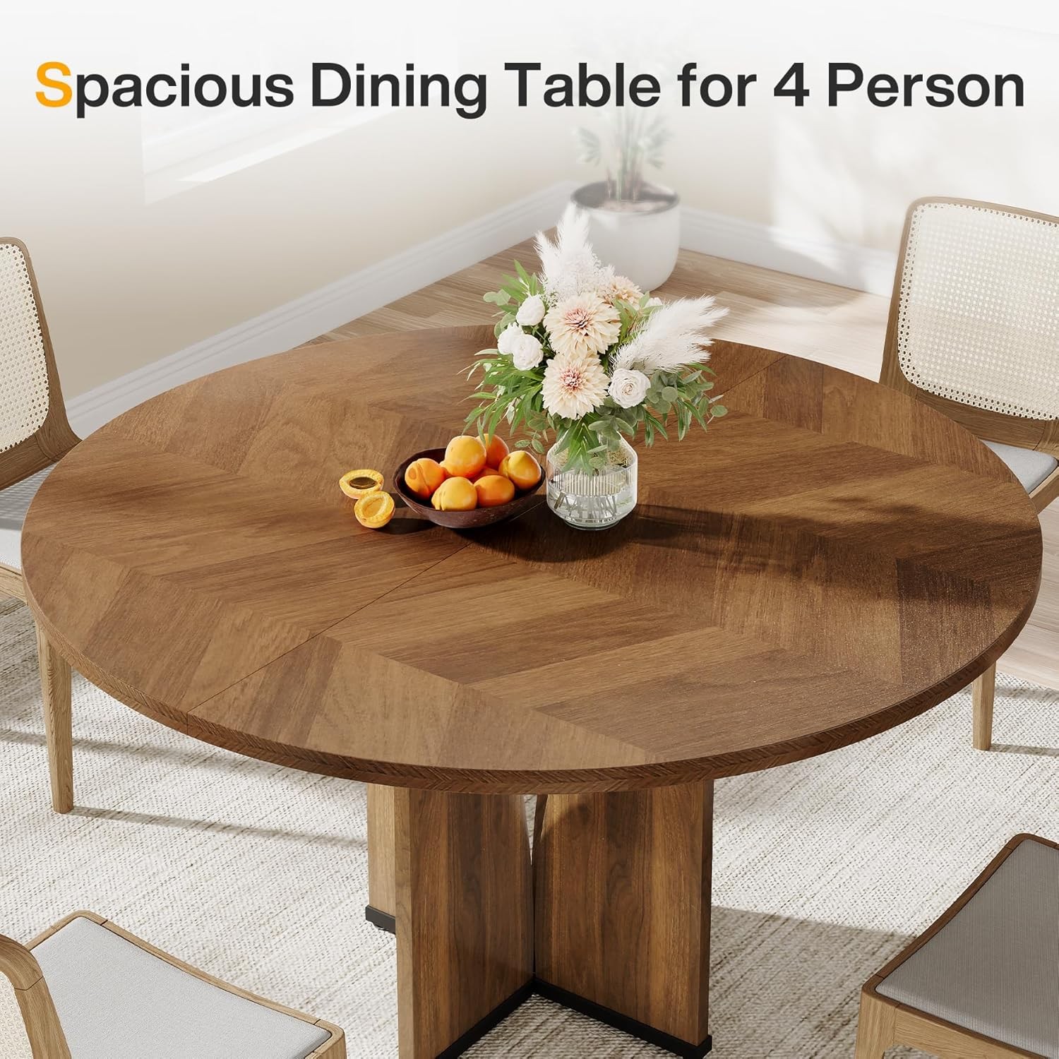 Round Dining Table, Farmhouse Kitchen Dinner Table with Wooden Tabletop and Legs