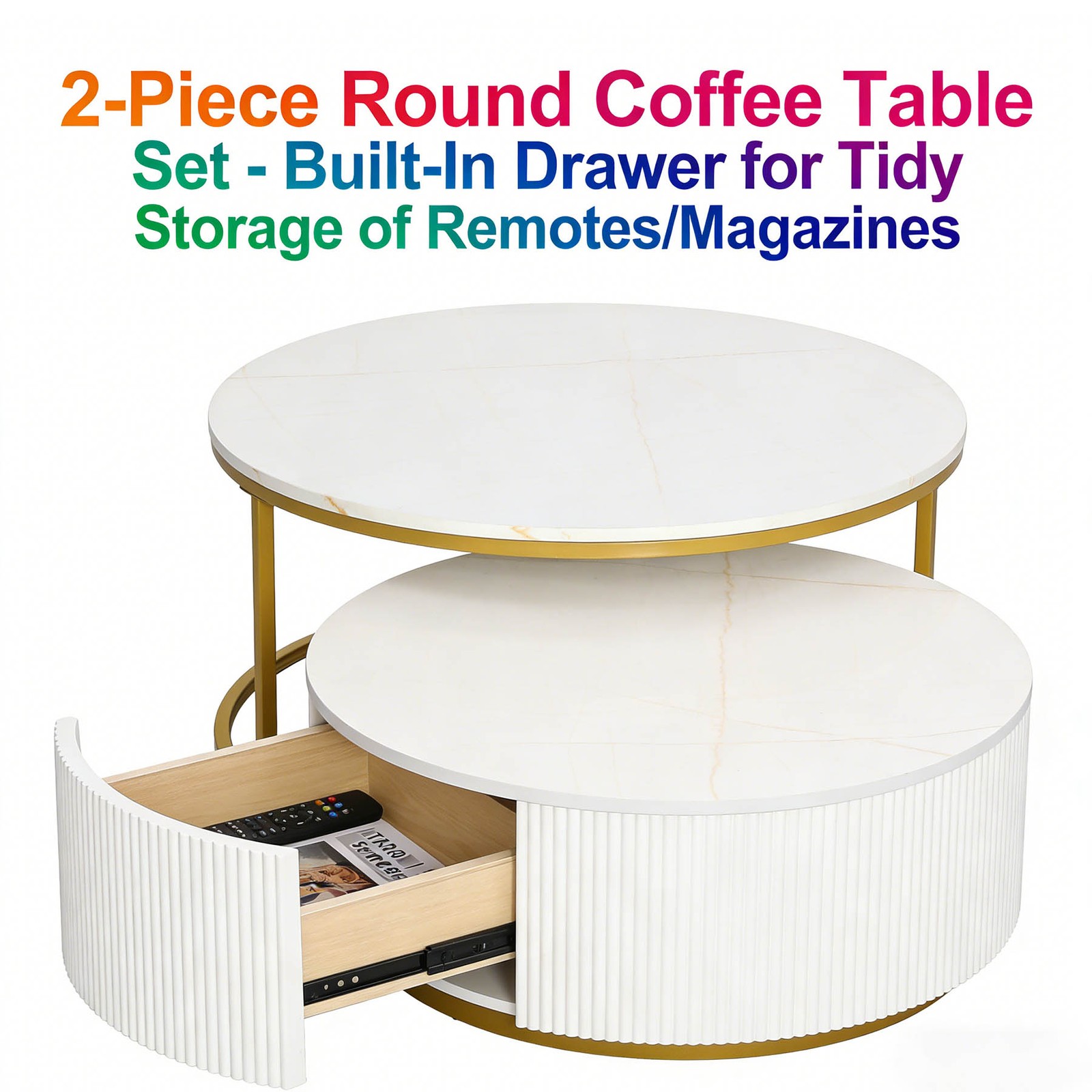 Round Nesting Coffee Table with Grooved Drawers