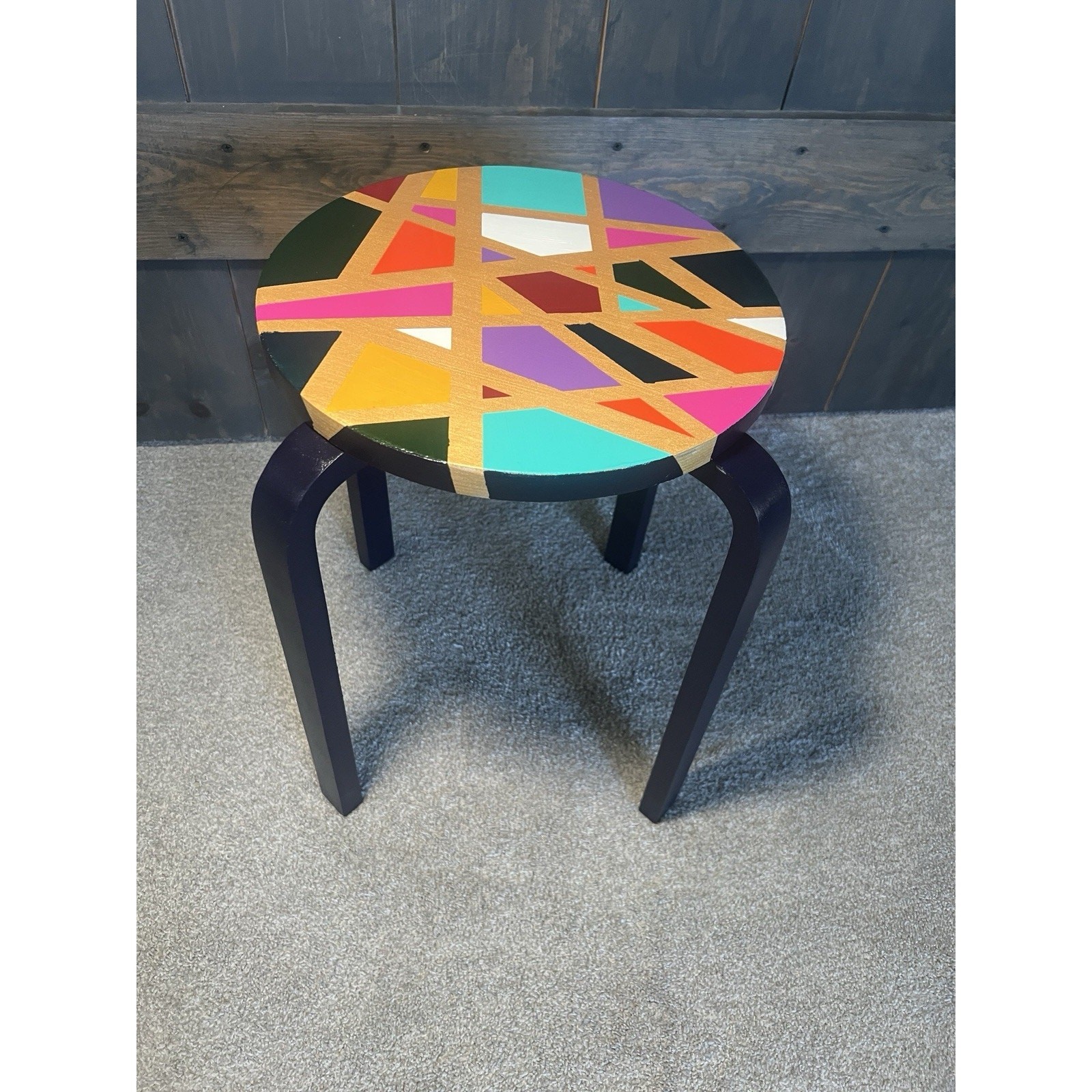 Hand-Painted Side Table Unique Colorful Navy Blue Legs Gold Geometric Boho