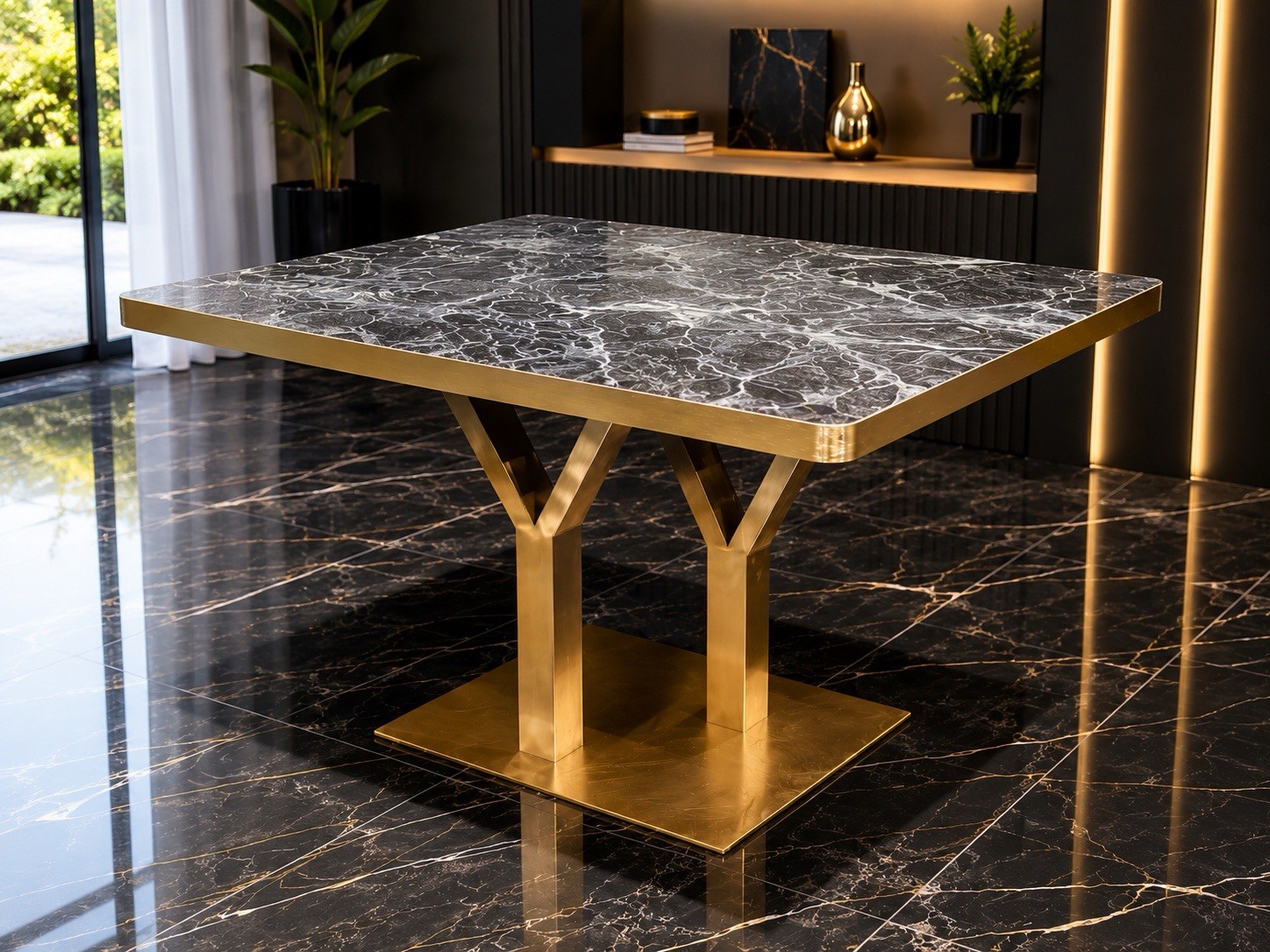 Rectangular Black Marble Top Dining Table Gold Metal Base 47x30x35.5 in