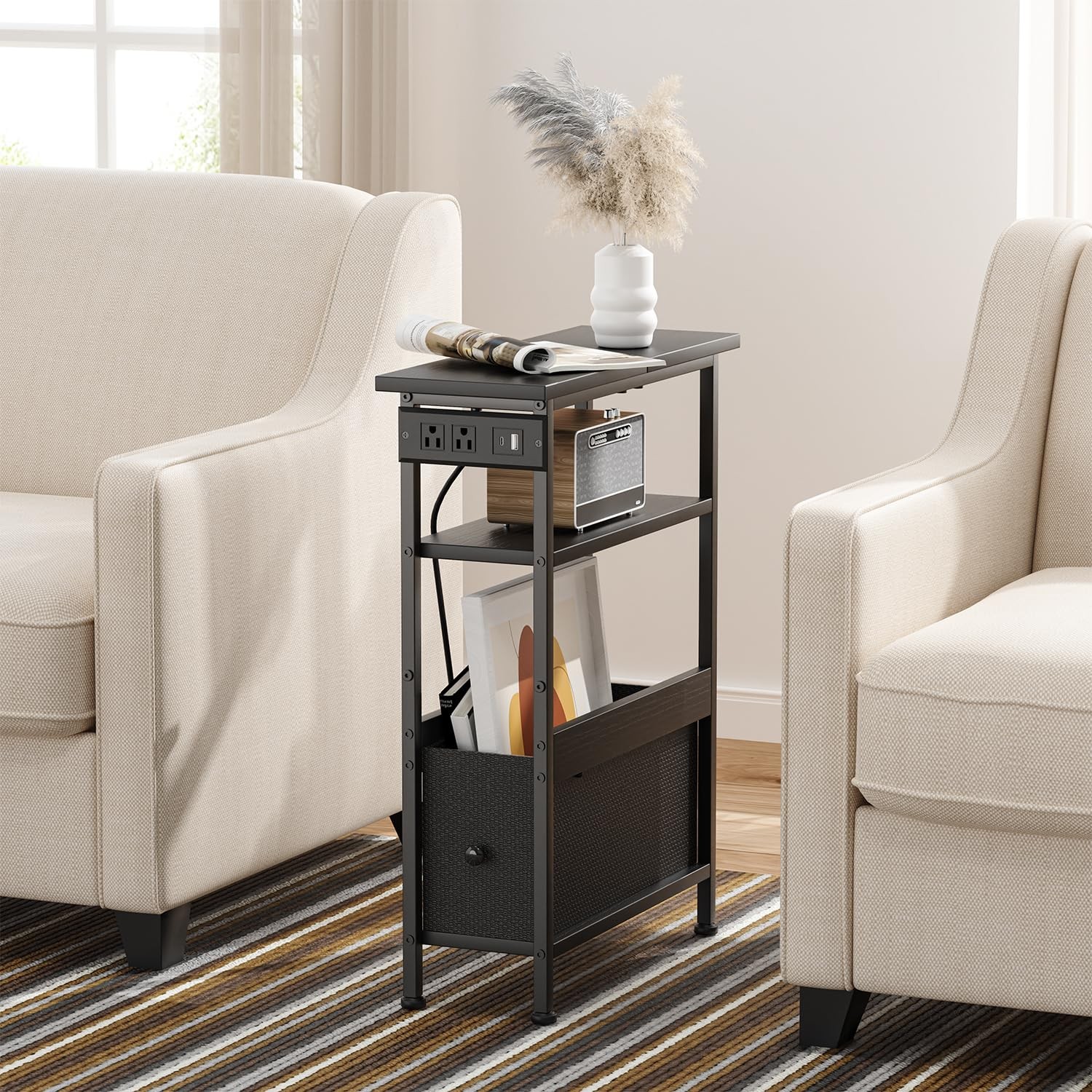 Narrow Side Table with Charging Station and LED Light, Small End Table with 1…