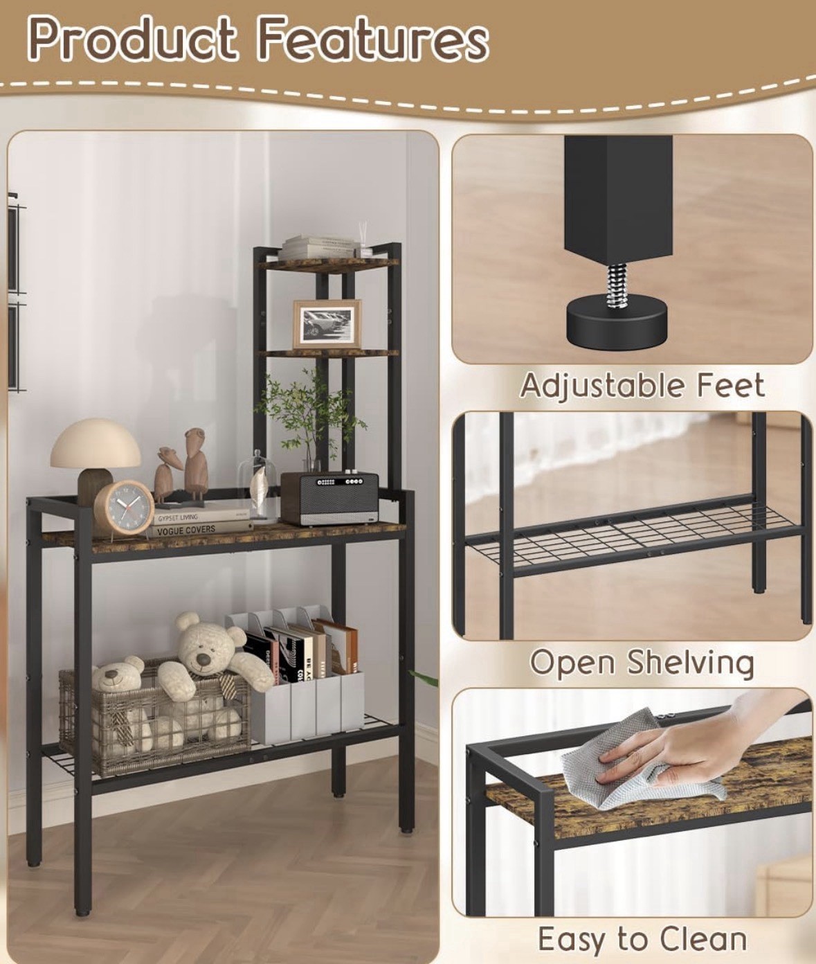 Console Table w/ Open Shelving & Adjustable Feet, Brown/Black 55.5in H