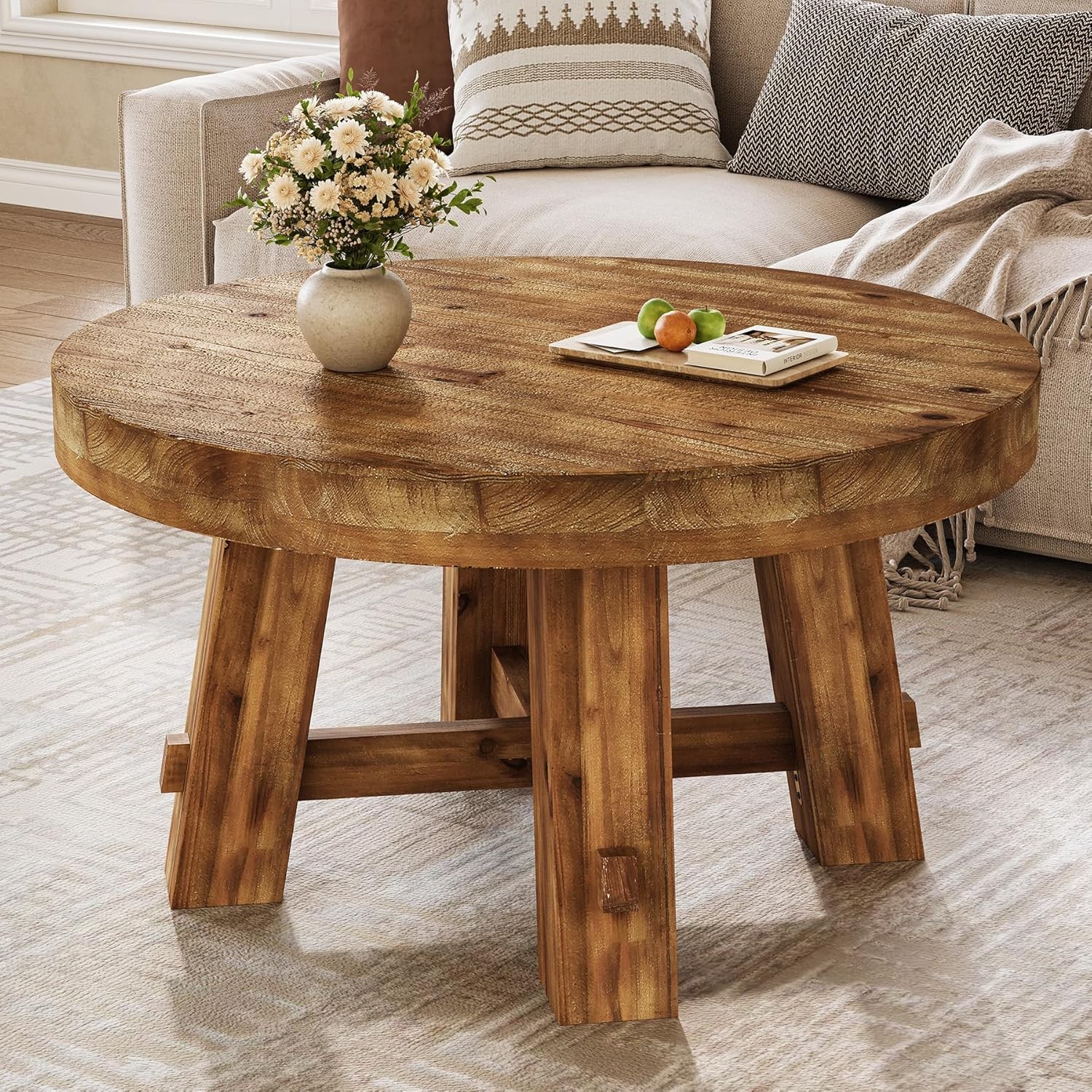 31.5-Inch Round Coffee Table, Rustic Solid Wood Center Table for Living Room