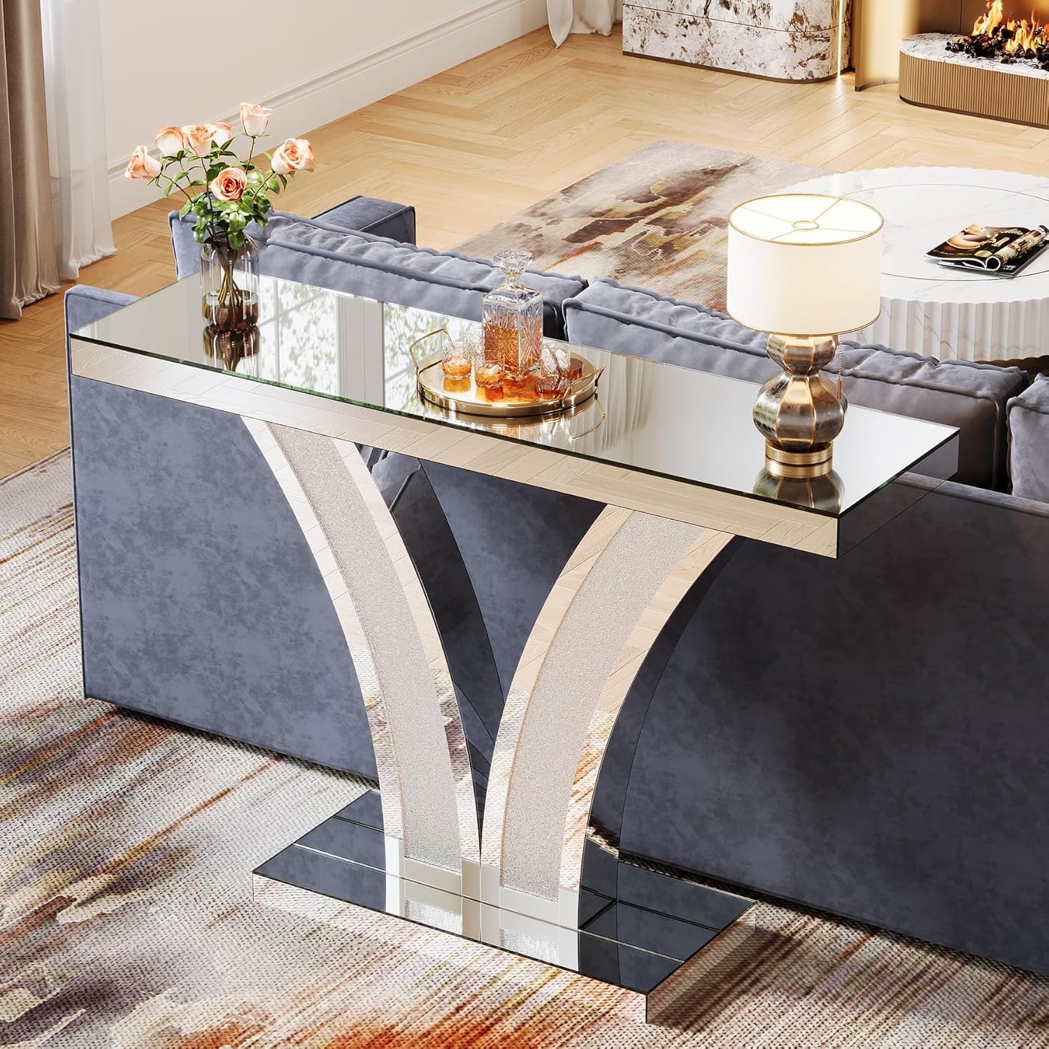 40″Sliver Mirrored Console Table, Modern Entryway Sofa Table with Crystal Frames